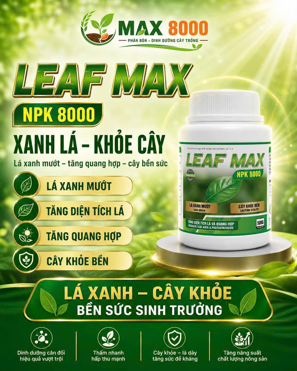 Phân bón Leaf Max NPK 8000 dưỡng lá xanh mướt tăng quang hợp