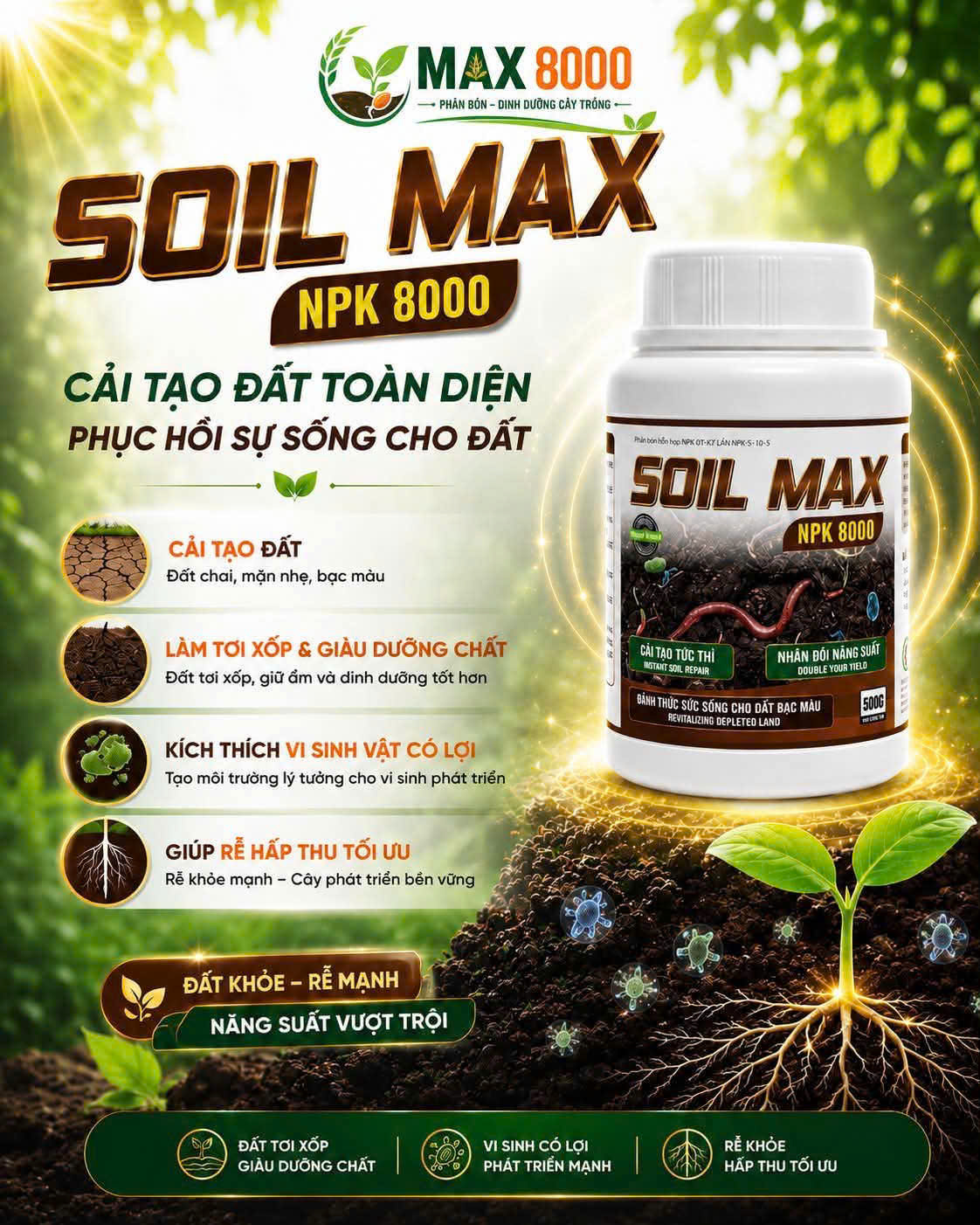 Phân bón Soil Max NPK 8000 cải tạo đất bạc màu nhân đôi năng suất