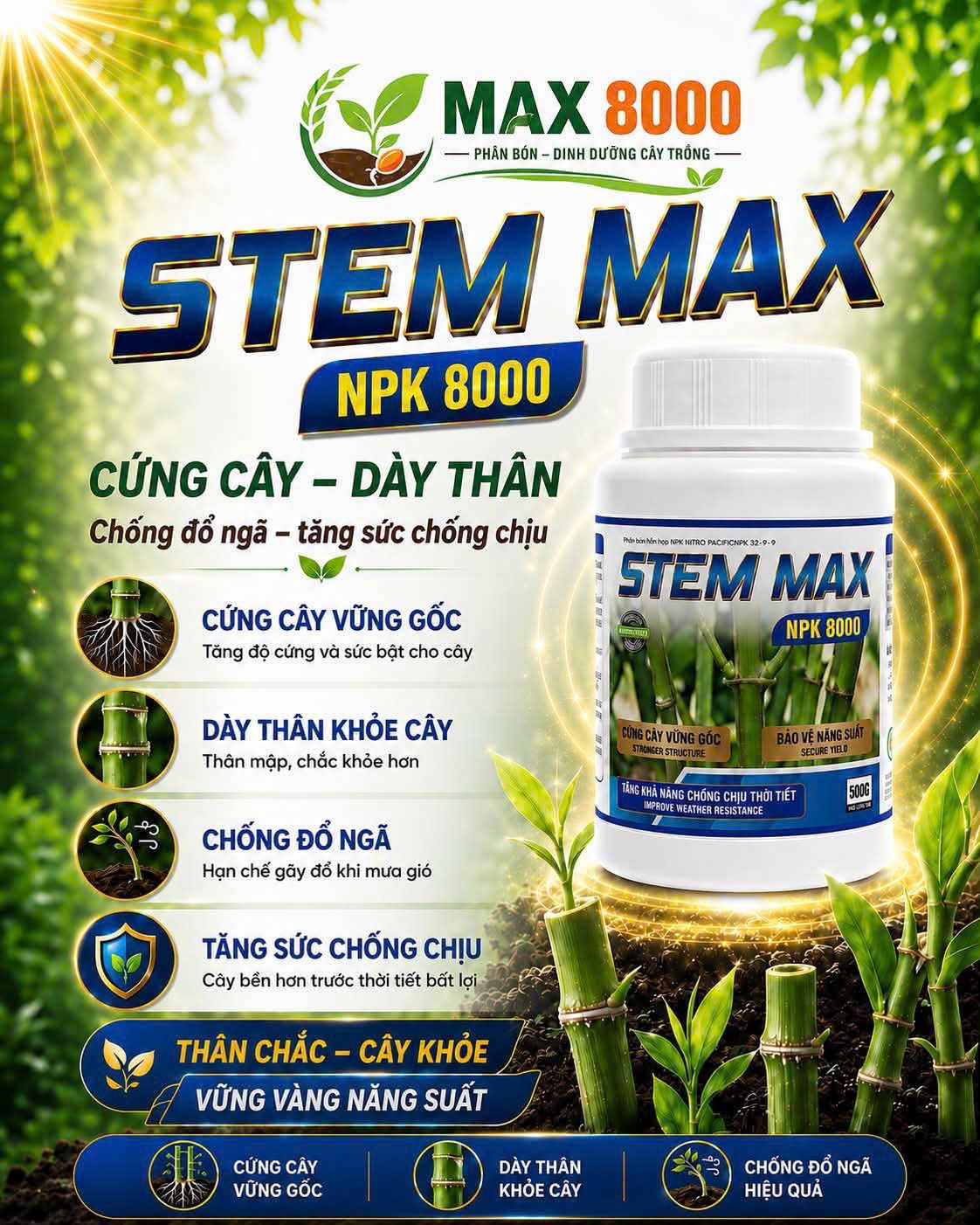 Phân bón Stem Max NPK 8000 cứng cây vững gốc chống đổ ngã